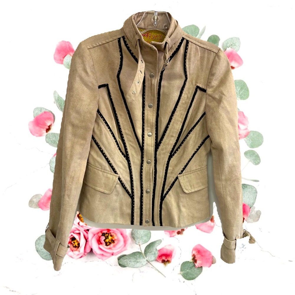 VINTAGE FAUX SUÈDE MOTO WOMEN JACKET IN SIZE ONE WITH MANY DETAILS SNAPPED FRONT